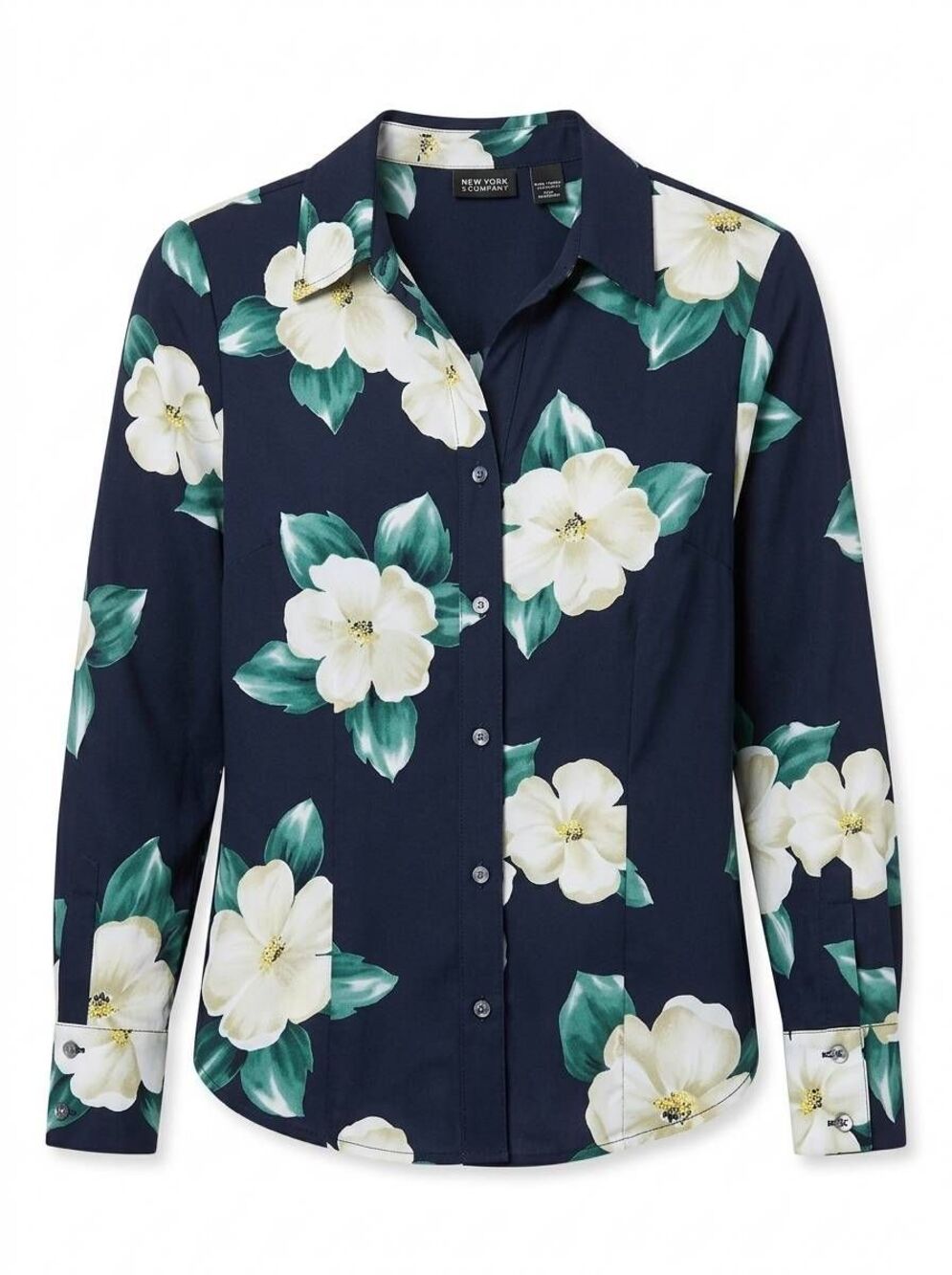 💜New York & Co Black Magnolia Print Buttoned Long Sleeve Top Large